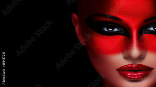 A Striking Woman's Face with Red and Black Makeup