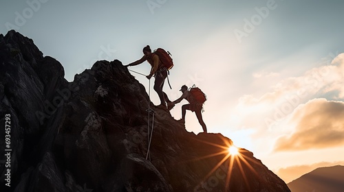 Silhouette People helping each other hikers climbing up mountain cliff team work successfully