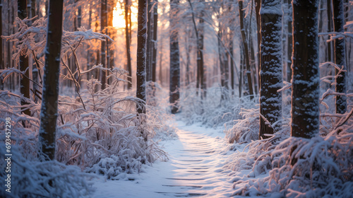 A Serene Winter Path Through a Snowy Forest © Jean Isard