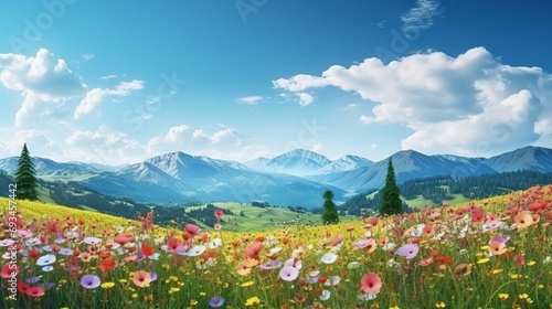 Hiking through Beautiful mountain village scenery with fresh flower field meadows Highlands photo