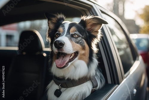 Cute dog sits in the back of the car ready for a holiday trip.by Generative AI © chartchai