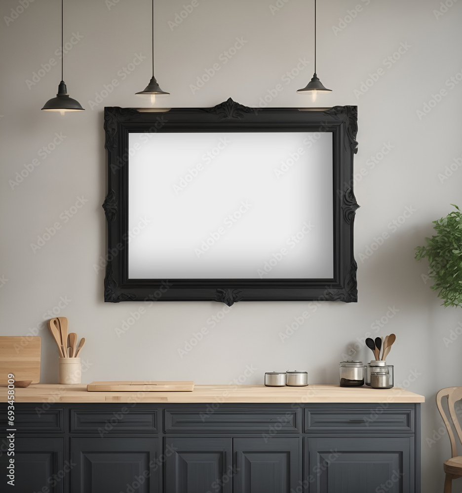 Horisontal mock up frame poster. White canvas on the wall. AI Generated. empty blank mock up poster with copy space, kitchen decor Horisontal mock up frame poster. White canvas on the wall. AI Generated. empty blank mock up poster with copy space, kitchen decor