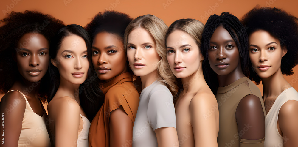 Diverse group of beautiful women from different races come together to create a vibrant portrait. Multi ethnical group of women together Diverse group of beautiful women from different races come together to create a vibrant portrait. Multi ethnical group of women together