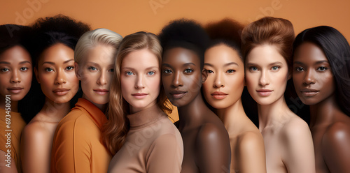 Diverse group of beautiful women from different races come together to create a vibrant portrait. Multi ethnical group of women together