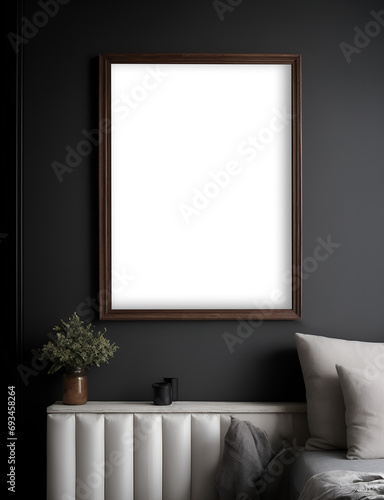 Vertical mock up Frame poster. White canvas on the wall. AI Generated. empty blank mock up poster with copy space