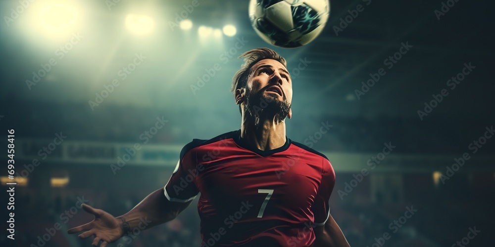 Action-packed photo of a soccer player executing a powerful header during a game, emphasizing skill and determination - obrazy, fototapety, plakaty 