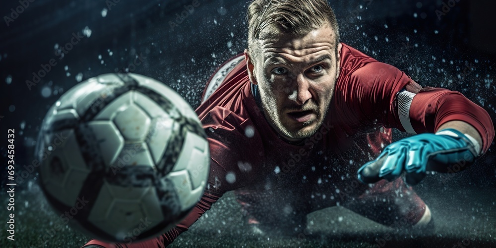 Action shot of a goalkeeper diving to save a soccer ball during a match, with focus on the intensity and agility in the moment Action shot of a goalkeeper diving to save a soccer ball during a match, with focus on the intensity and agility in the moment