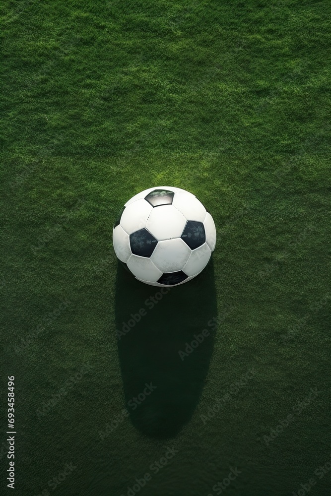 Aerial view of a soccer ball at the center circle of a soccer field, symbolizing the start of a game