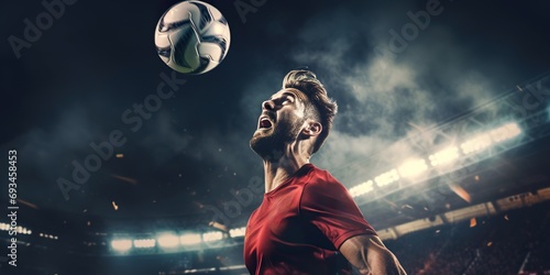Action-packed photo of a soccer player executing a powerful header during a game, emphasizing skill and determination