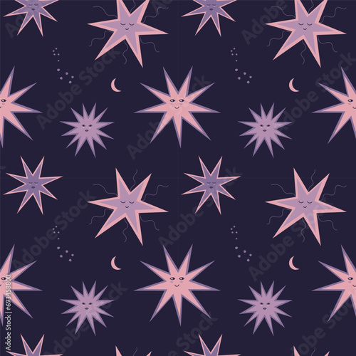 Starlit seamless pattern star and moon hand drawn vector illustration. Night sky boho repeating ornamental background. Backdrop for wallpaper, packaging design, fabric, print, template, card, pajama