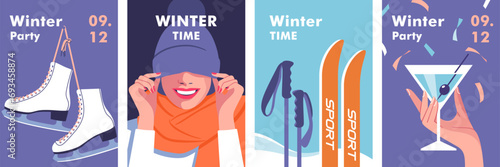 Winter time. Concept of vacation, party and travel. Skis and poles in the snow. Woman hidden eyes by hat and laughs. Woman skates on ice rink. Vector illustration.