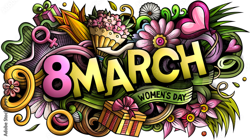 8 March detailed lettering cartoon illustration