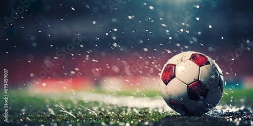 Close-up image of a soccer ball with water droplets on its surface, symbolizing a game played in the rain, with stadium lights in the background © EOL STUDIOS