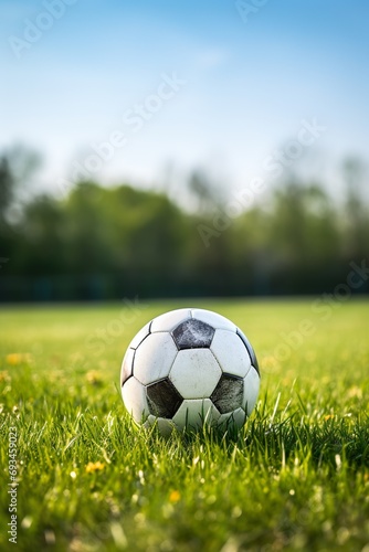 Close-up of a soccer ball on a green field with the goalpost in the background, highlighting the details of the ball and grass