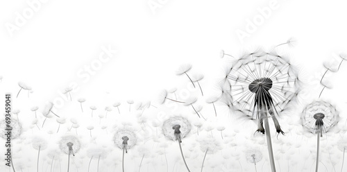 Black silhouette with flying dandelion buds on a white background photo