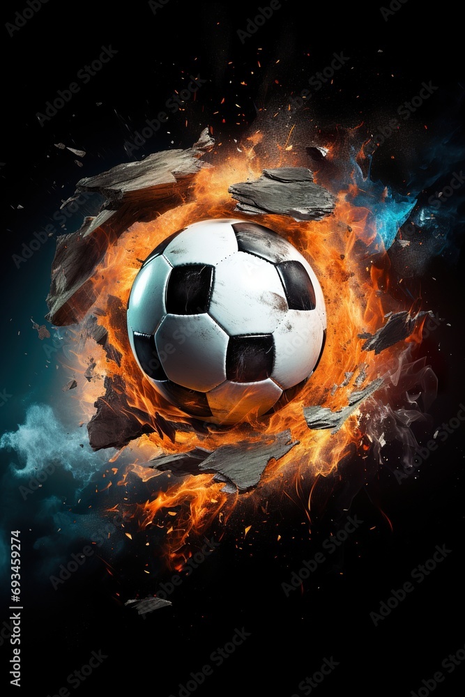 Fototapeta premium Dynamic photo of a soccer ball shattering into pieces at the moment of impact, representing the power and intensity of the sport