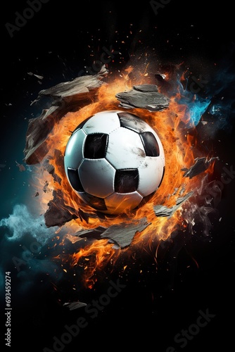 Dynamic photo of a soccer ball shattering into pieces at the moment of impact, representing the power and intensity of the sport