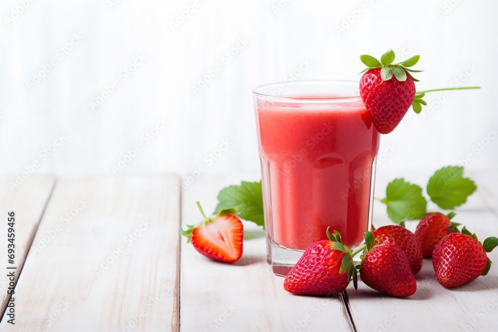 Strawberry smoothie in glass with berries on white wooden background Strawberry smoothie in glass with berries on white wooden background