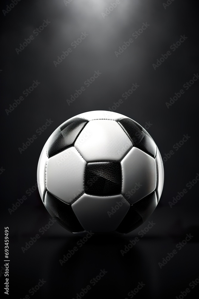 Illustration of a classic black and white soccer ball with dramatic lighting, emphasizing the iconic hexagon and pentagon pattern