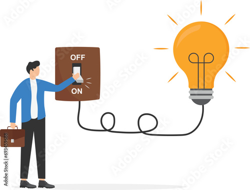 Business idea and solution to solve company problems or innovation and strategy to win business success concept, smart businessman turn on lightbulb switch to lit up idea.

