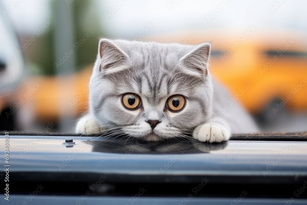 Funny cat drives a toy car in the city.by Generative AI Funny cat drives a toy car in the city.by Generative AI