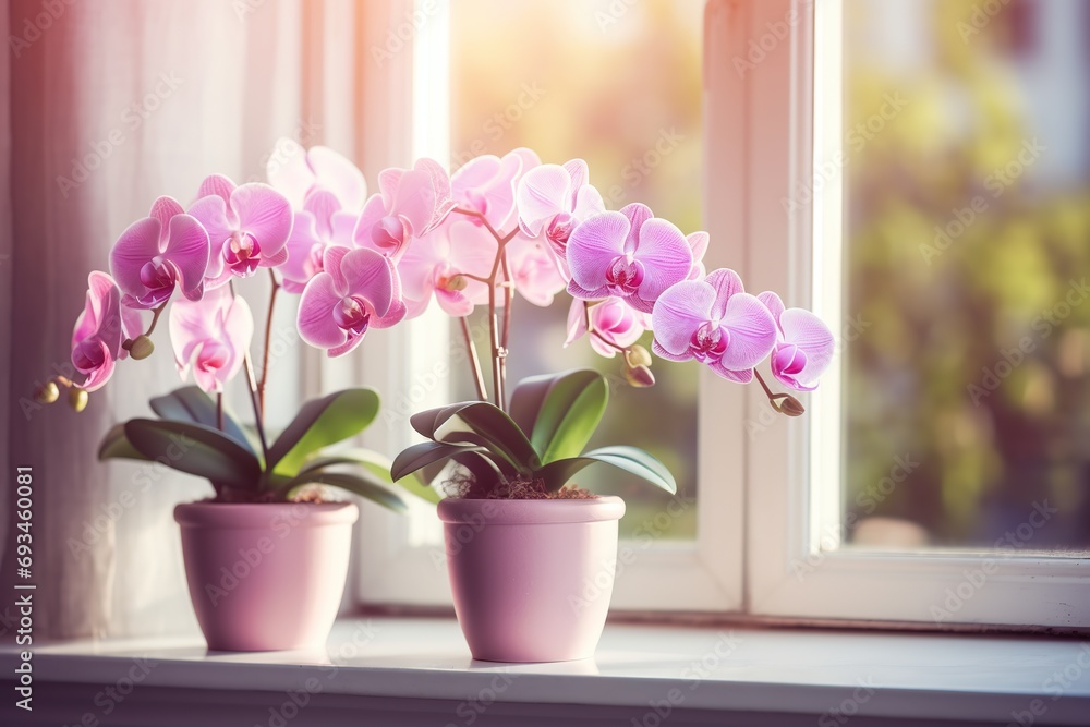 Beautiful pink orchid flower in pots on windowsill Beautiful pink orchid flower in pots on windowsill