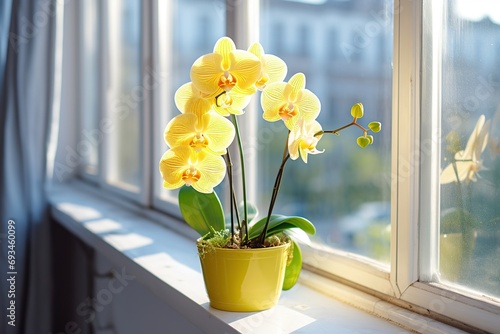 Beautiful yellow orchid flower in pot on windowsill