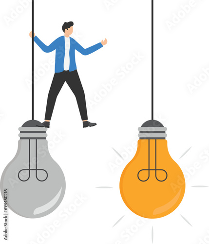 Business transformation, change management or transition to a better innovative company, improvement and adaptation to new normal concepts, smart businessmen jump from old to new shiny lightbulb ideas