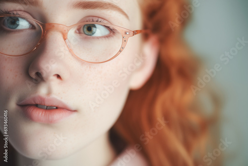 Face portrait of red hair woman with trendy eyeglasses for branding. Elegant look; fashion for accessories; female beauty; eye product placement. trendy lenses and frames; optical ads; eyewear concept photo
