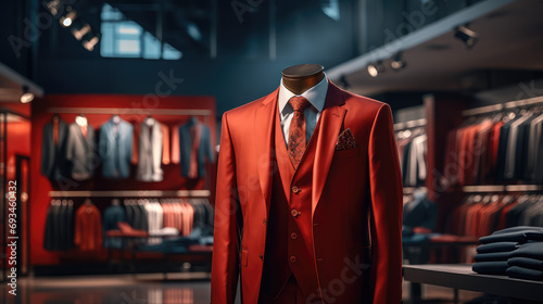Clothing display with male red luxurious suit, modern luxury man business clothing and suits store showroom, atelier for tailoring expensive jackets.