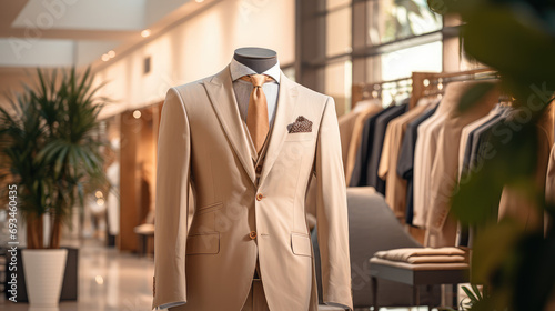 Clothing display with white male luxurious suit, modern luxury man business clothing and suits store showroom, atelier for tailoring expensive jackets. photo