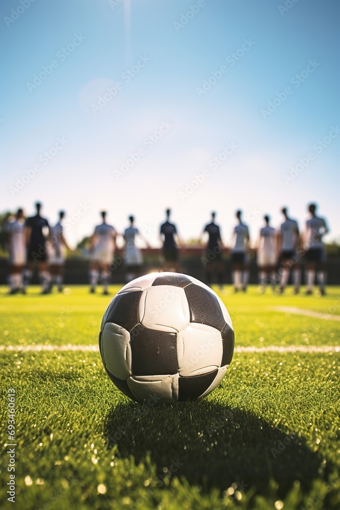 Φωτογραφία Photo of a soccer ball at the kickoff spot on a pristine field, with players lin