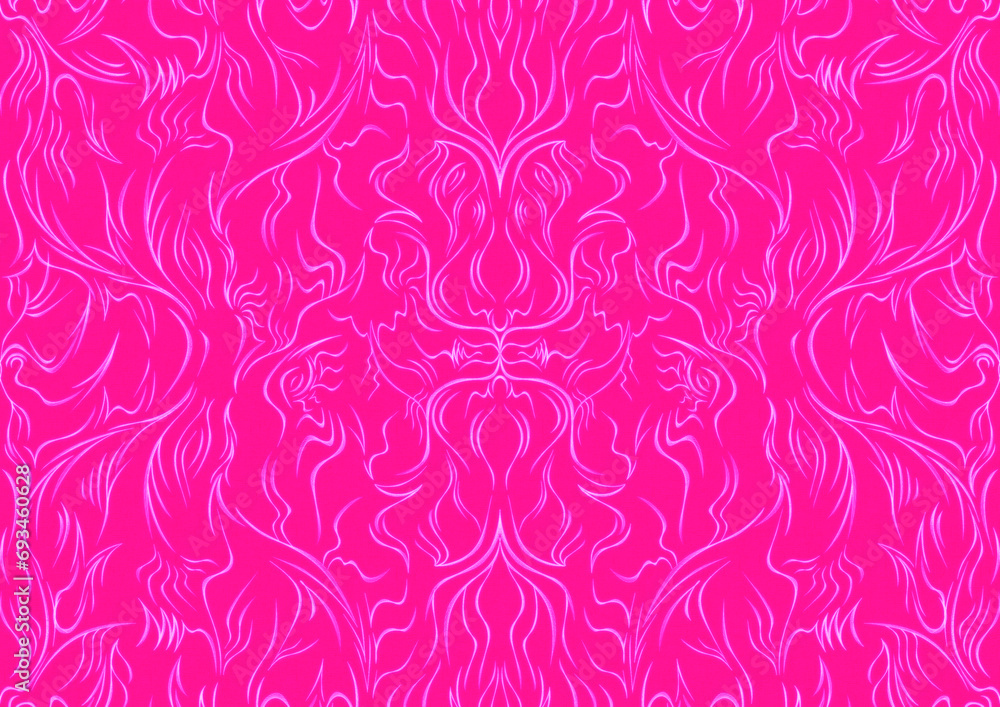 Hand-drawn abstract seamless ornament. Neon pink (plastic pink) background and glowing pattern on it. Cloth texture. Digital artwork, A4. (pattern: p11-1a) Hand-drawn abstract seamless ornament. Neon pink (plastic pink) background and glowing pattern on it. Cloth texture. Digital artwork, A4. (pattern: p11-1a)
