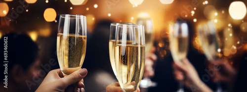 Celebration at christmas or new years eve. People holding glasses of champagne making a toast at a party.