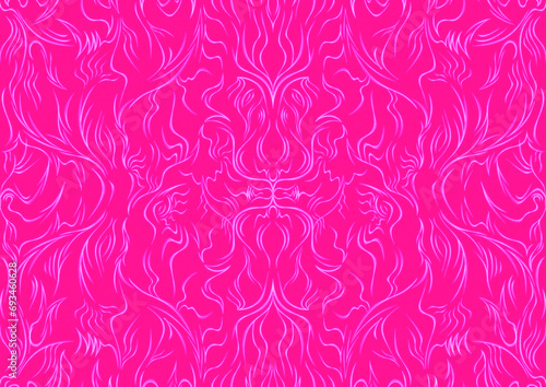 Hand-drawn abstract seamless ornament. Neon pink (plastic pink) background and glowing pattern on it. Cloth texture. Digital artwork, A4. (pattern: p11-1a)