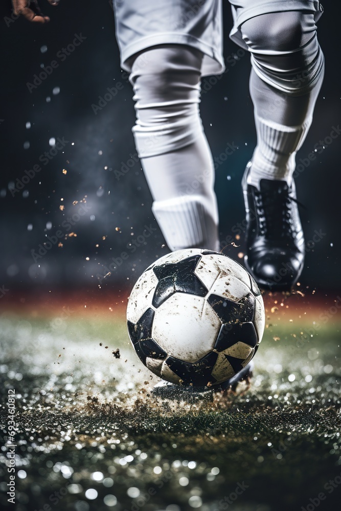 Photo of a soccer player's feet dribbling a ball on the field, focusing on the action and precision of the movement