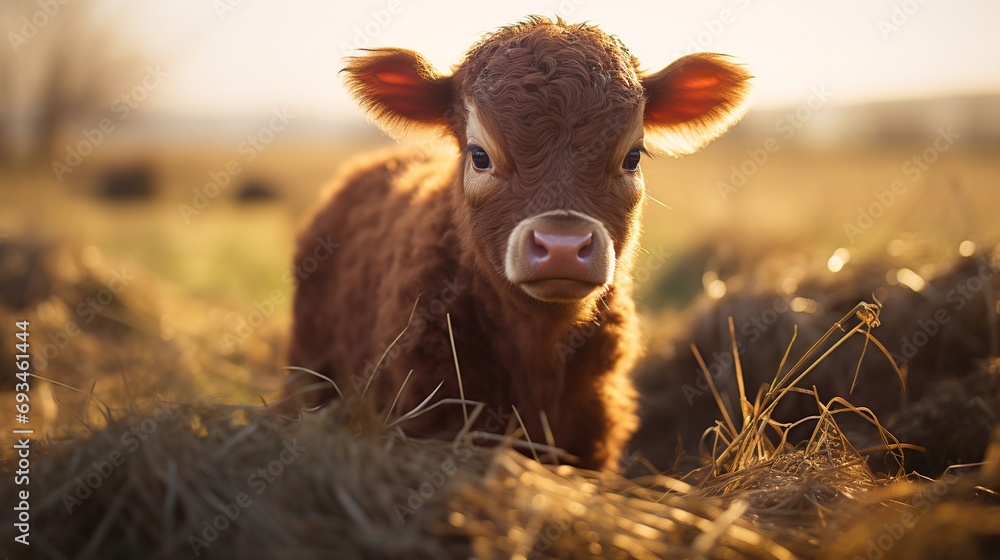 Fototapeta premium a brown baby cow on a farm