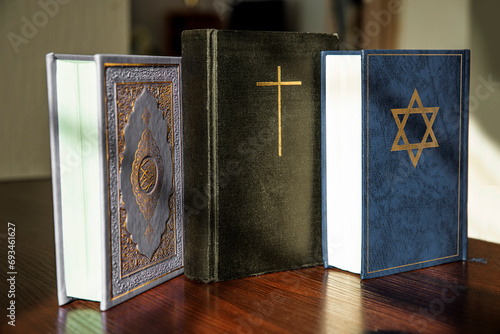 Quran, Bible, Talmud or Torah, religion concept photo