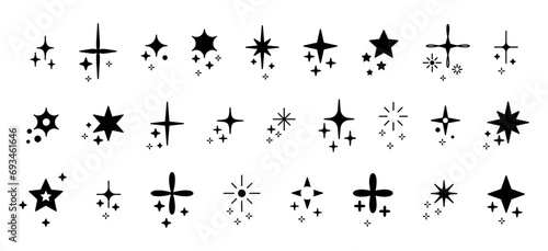 Set with glitter, stars and sequins. Doodle composition with black silhouettes glitter isolated on white background.