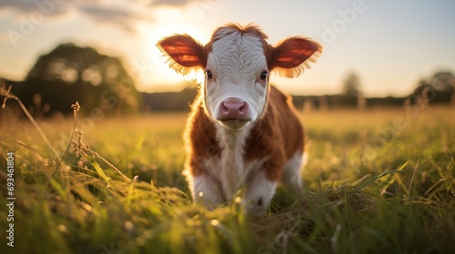 a brown and white baby cow on a farm