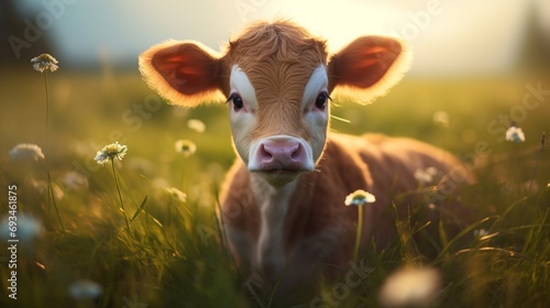 a brown and white baby cow on a farm