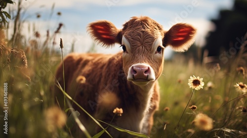 a brown and white baby cow on a farm