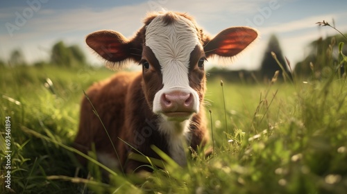 a brown and white baby cow on a farm photo