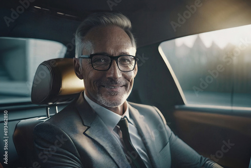 A middle-aged confident elegant businessman sitting on the back seat of a luxury car.A businessman with glasses is smiling.Closeup. © ARVD73