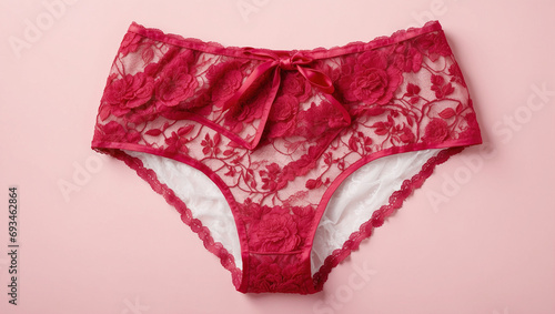 Red women's panties with lace isolated on pink background. Romantic lingerie for Valentine's Day Erotic concept.