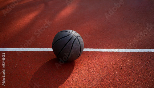 Black Basketball ball is sitting in the red rubber court vertical white line outdoors, top view. copy space.image for sport, exercise concept.High quality image.