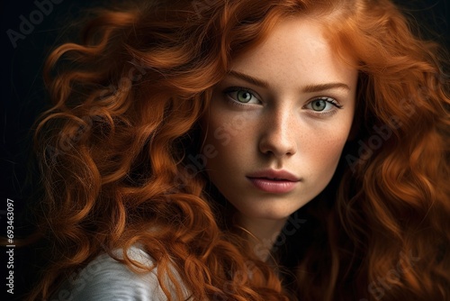 Portrait of redhead woman with curly hair and freckles