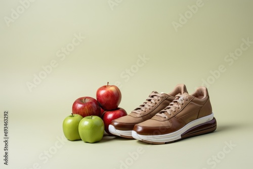 Sport shoes and apple. Concept of innovative eco friendly leather made of organic apple peel skin. Apple Leather or apple skin - sustainable material, vegan alternative to real leather