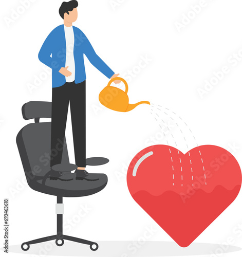 Businessman pouring water to fulfill heart shaped metaphor of passion. Work passion, motivation to succeed and win business competition, mindset or attitude to work in we love to do concepts.

