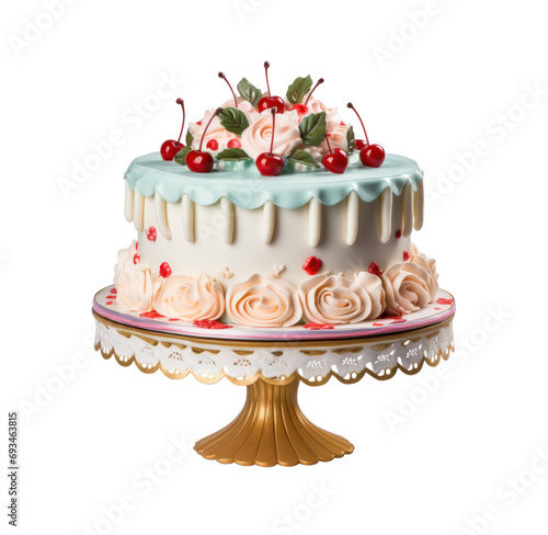 Sweet Dessert Pastry: Retro vintage cake Lambeth style decor with ruffle flowers and cherry on isolated white background